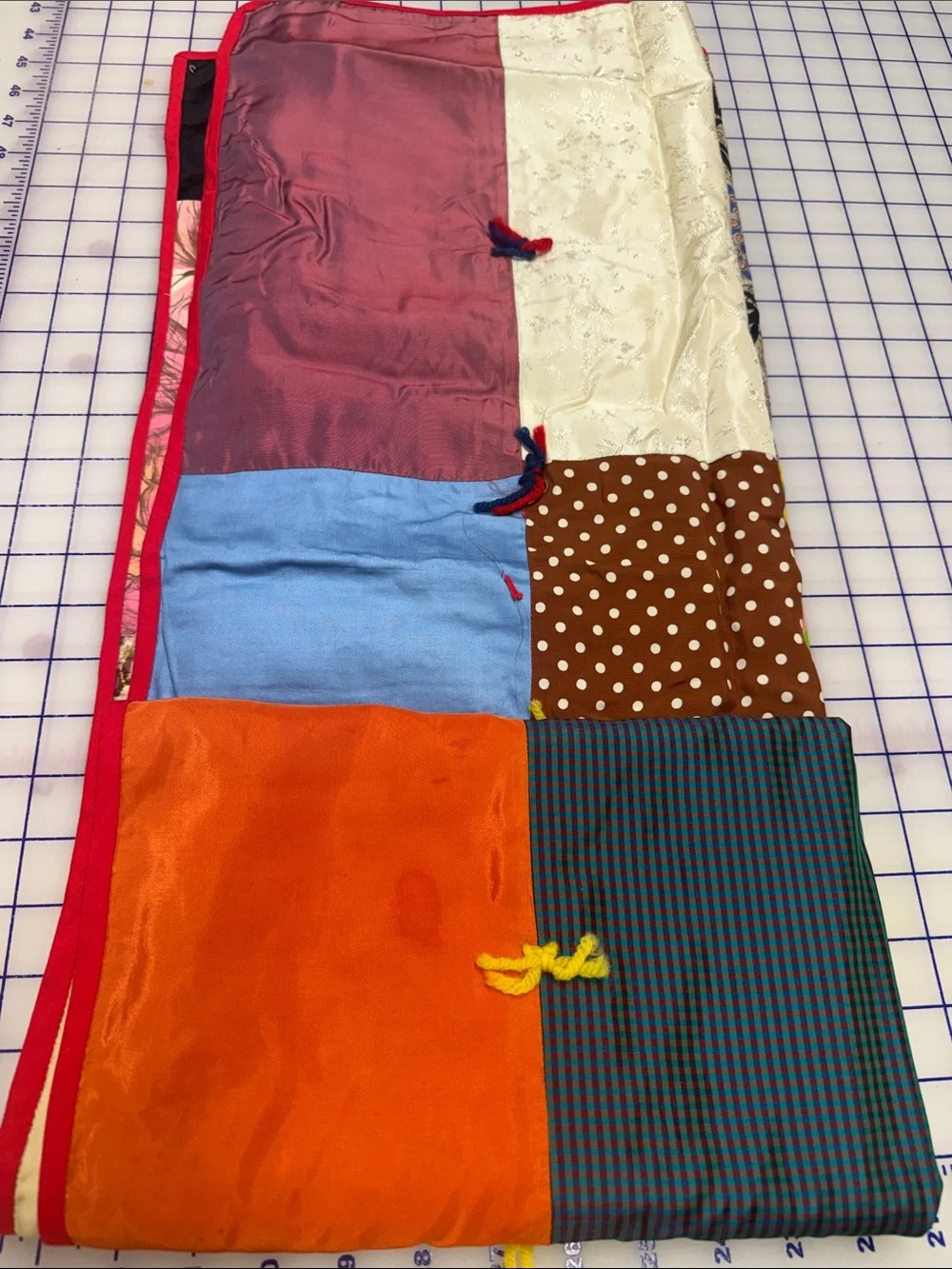 Antique red silk satin specialty fabric patchwork crazy quilt 43” x 64” yarn tie